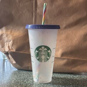 Starbucks Confetti Frosted Cold Cup with Purple Lid and Rainbow Straw